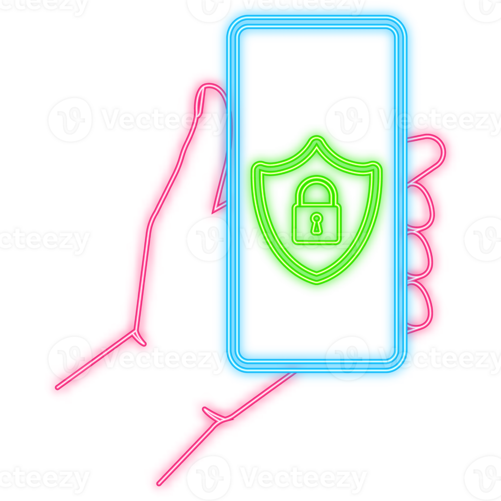 Neon Icon. Smartphone unlocked and password notification . Mobile phone security. png