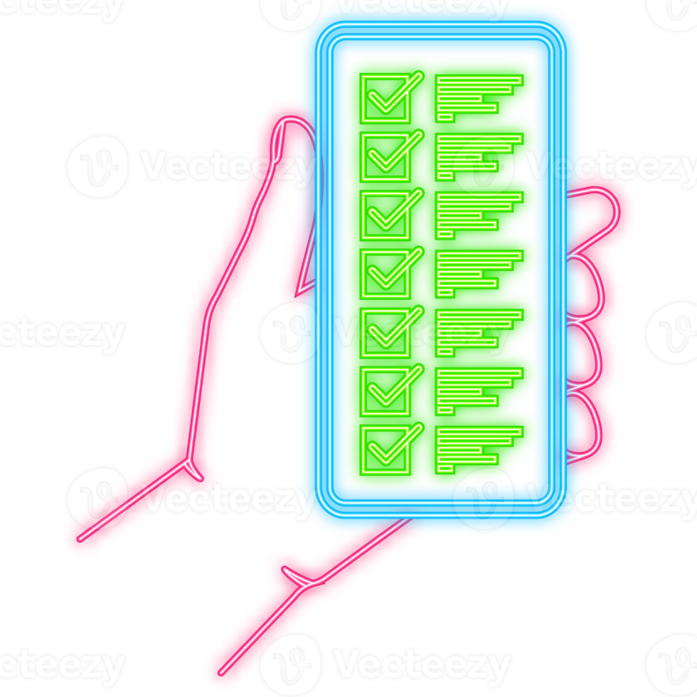 Neon Icon. Hand holds phone with check list on screen on green background. illustration png
