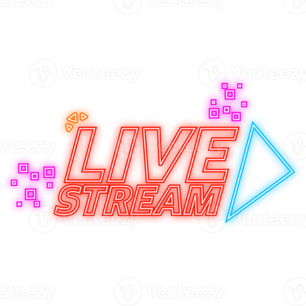 Neon Icon. Live stream logo red design element with play button for news and TV or online broadcasting. png