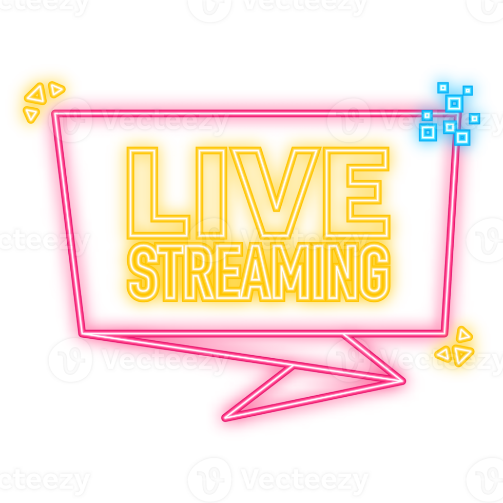 Neon Icon. Live streaming logo red design element with play button for news and TV or online broadcasting. png