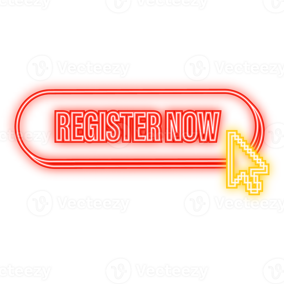Neon Icon. Red register now label in modern style on white background. Banner promotion. Click button. Sticker design png