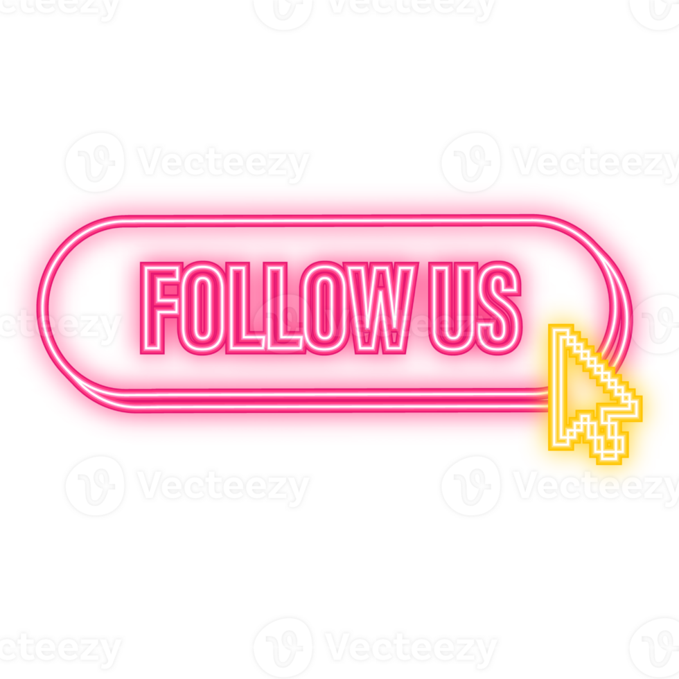 Neon Icon. Follow us megaphone pink banner in 3D style on white background. illustration png