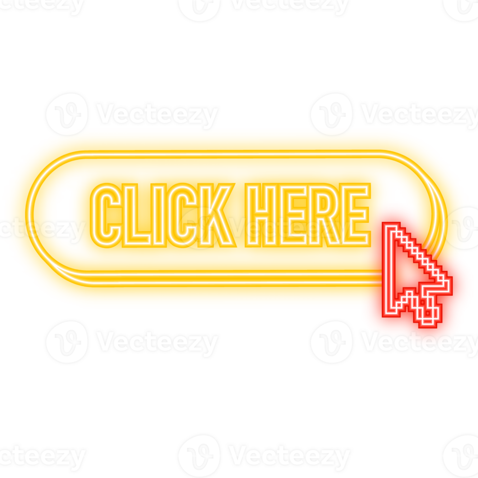 Neon Icon. Icon with yellow click here 3D button on white background for web marketing design. Flat deign. Social media element. White background. illustration png