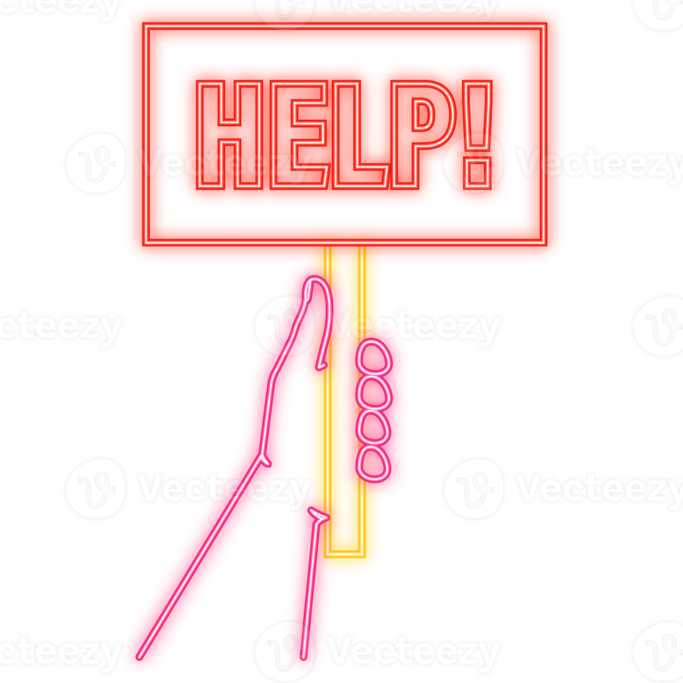 Neon Icon. Help placard hand, great design for any purposes. Background illustration. Web design png