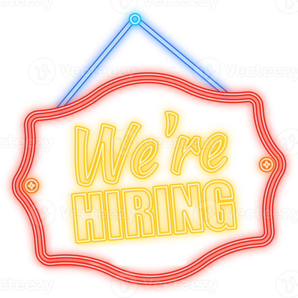 Neon Icon. Come in We're hiring hanging sign on white background. Sign for door. illustration. png