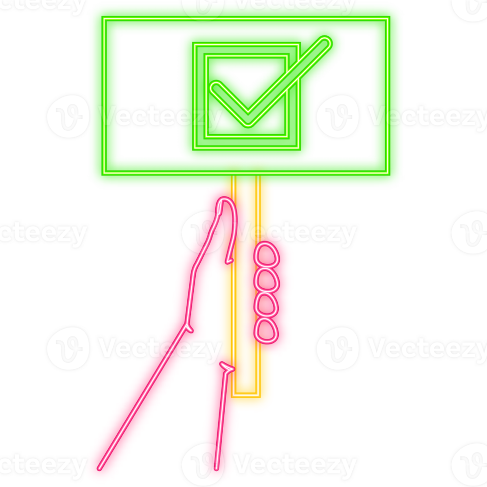 Neon Icon. Check mark placard hand, great design for any purposes. Background illustration. Web design png