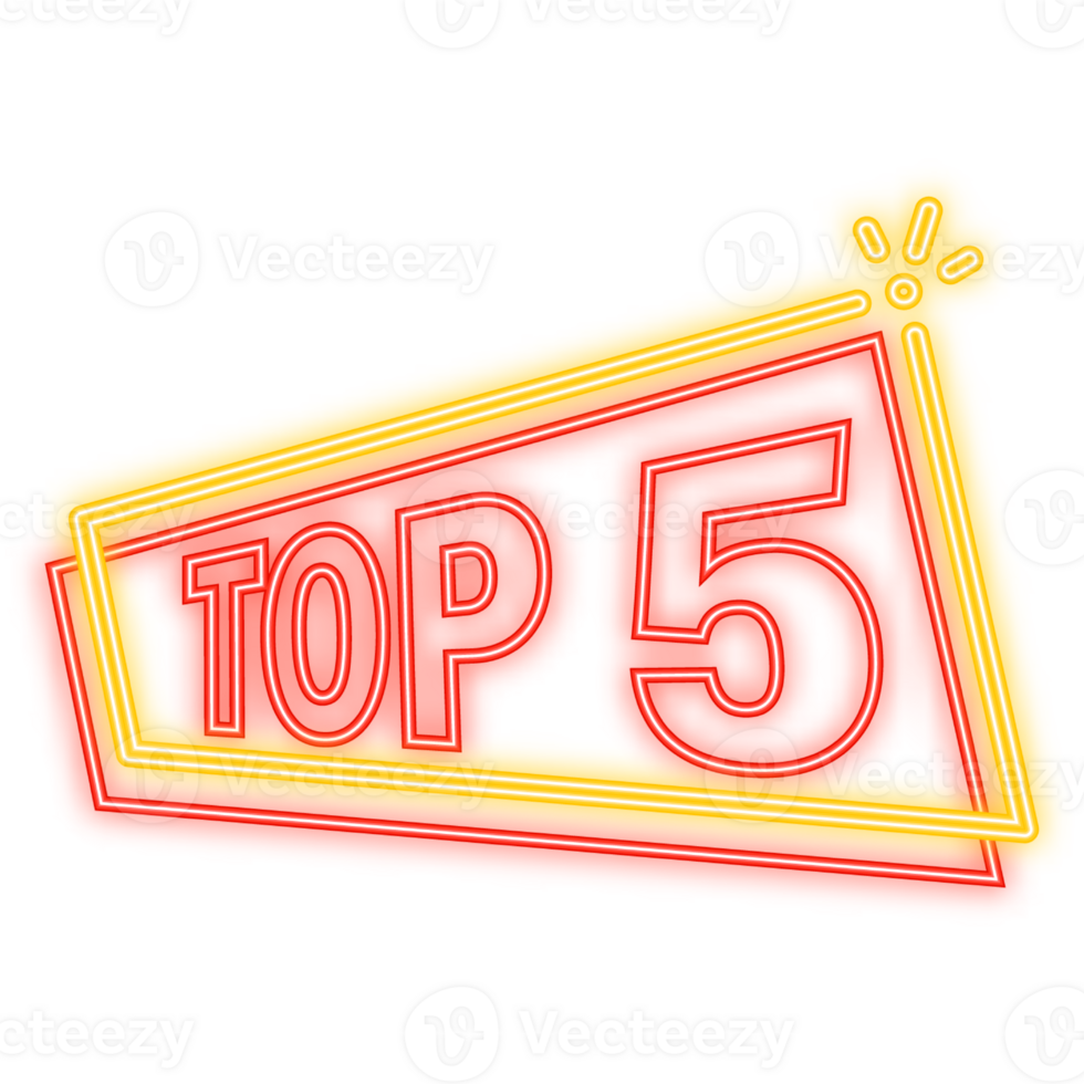 Neon Icon. Neon banner with Top 5 colorful label on dark background png