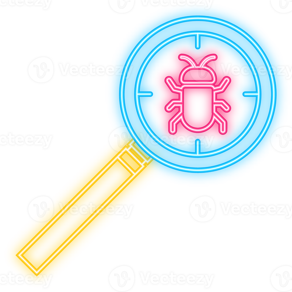 Neon Icon. Virus loupe. Searching virus. Microbe icon. Cyber secure. png