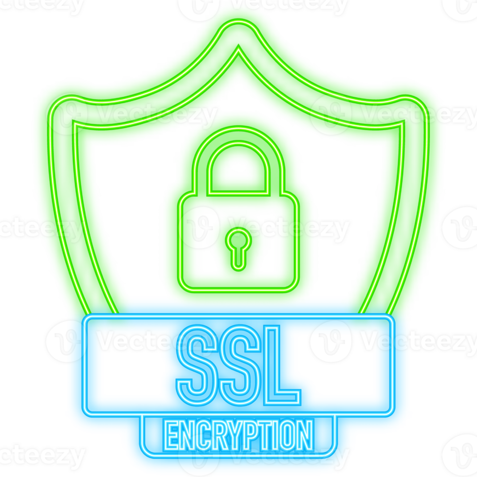 Neon Icon. SSL encryption secure badge on white background. Green banner. illustration png