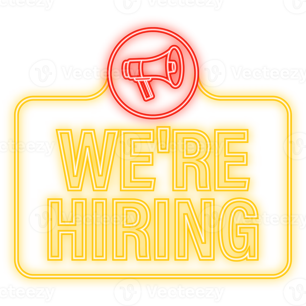 Neon Icon. Male hand holding megaphone with we are hiring speech bubble. Loudspeaker. Banner for business, marketing and advertising. png