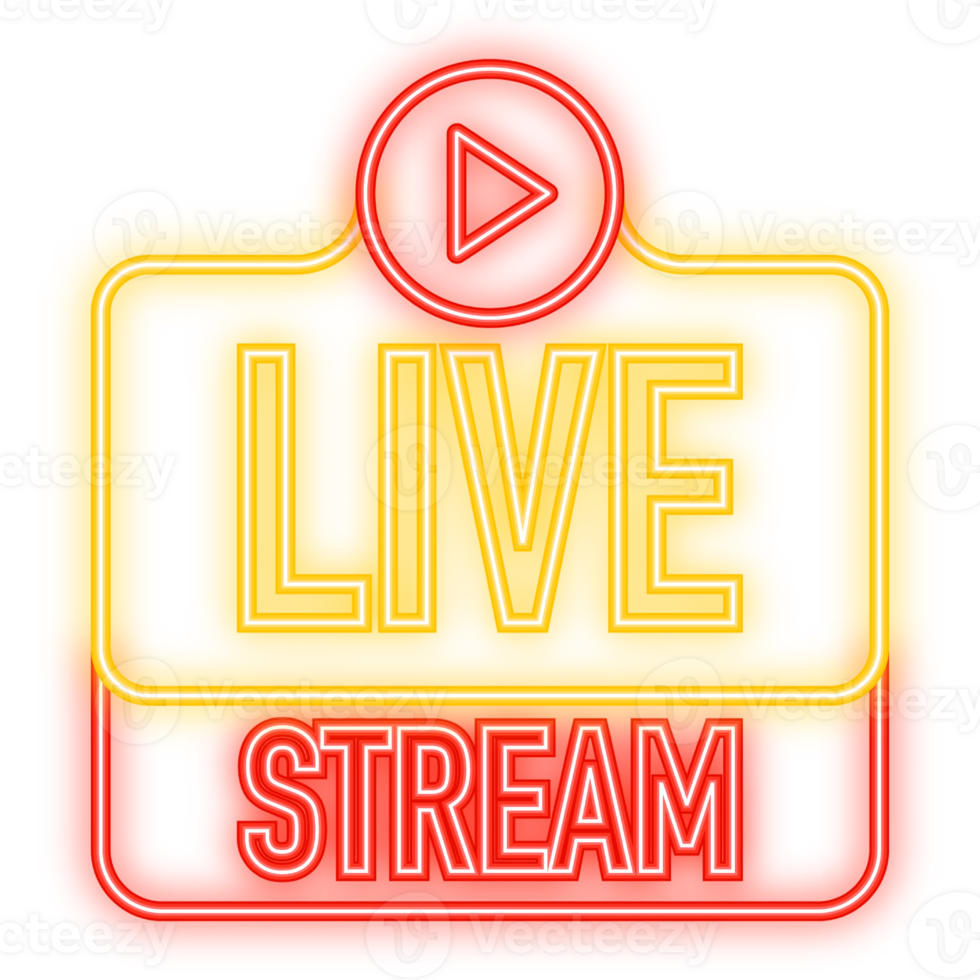 Neon Icon. Live streaming logo - red design element with play button for news and TV or online broadcasting. png