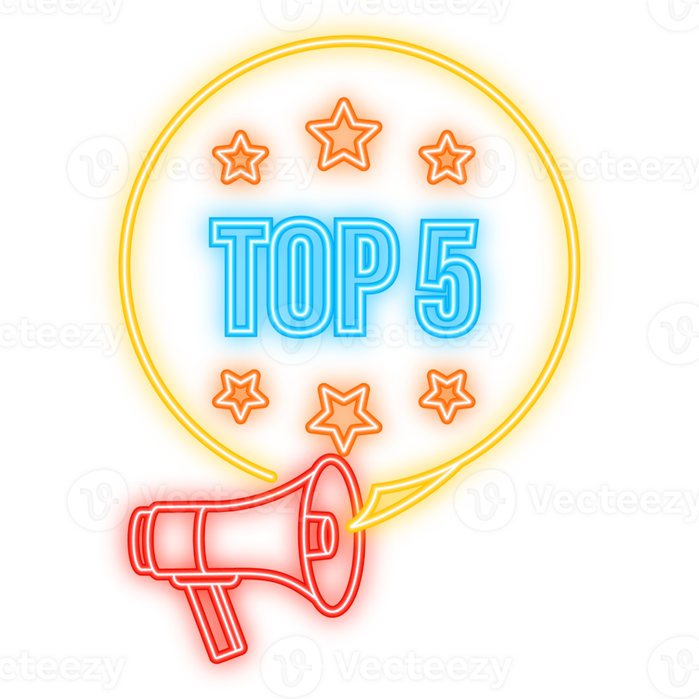 Neon Icon. Neon banner with Top 5 colorful label on dark background png