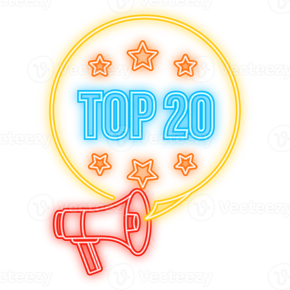 Neon Icon. Neon banner with Top 20 colorful label on dark background png