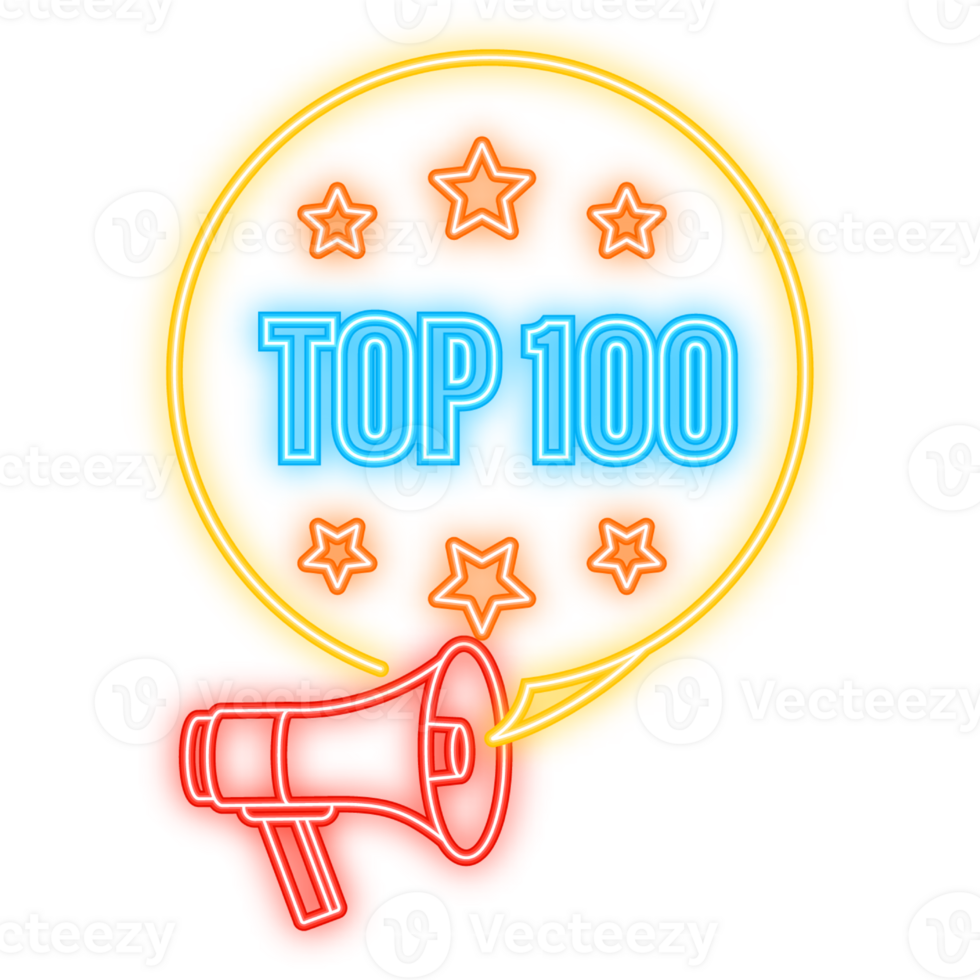 Neon Icon. Neon banner with Top 100 colorful label on dark background png
