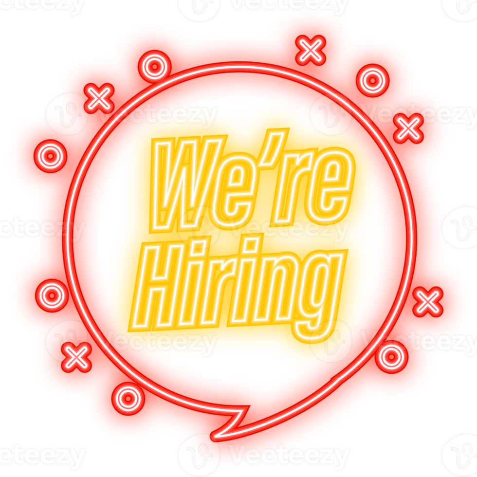 Neon Icon. Male hand holding megaphone with we are hiring speech bubble. Loudspeaker. Banner for business, marketing and advertising. png