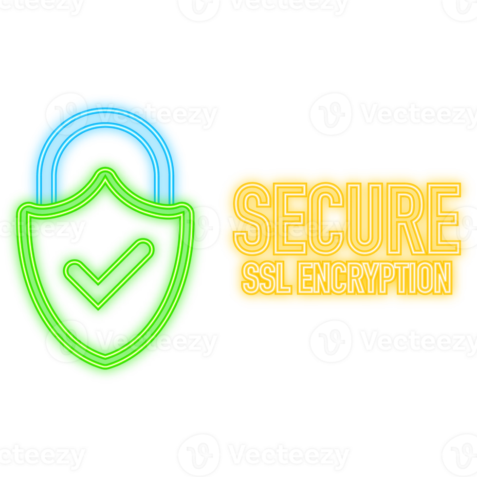 Neon Icon. SSL encryption secure badge on white background. Green banner. illustration png