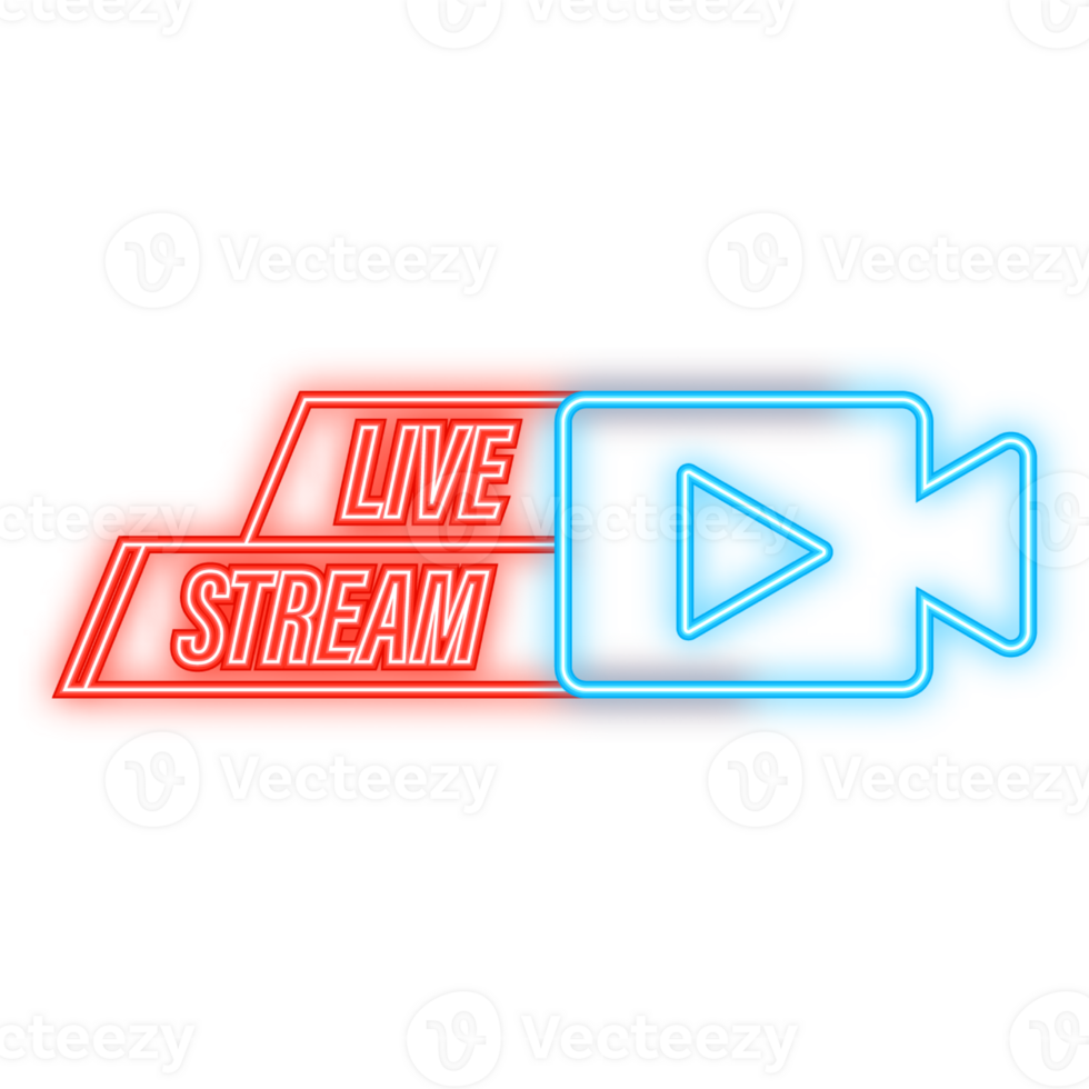 Neon Icon. Live streaming logo - red design element with play button for news and TV or online broadcasting. png