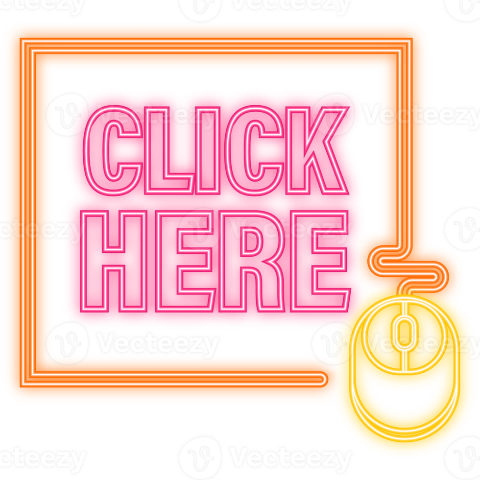 Neon Icon. Icon with click here 3D button on dark background for web marketing design. Flat deign. Social media element. White background. illustration png