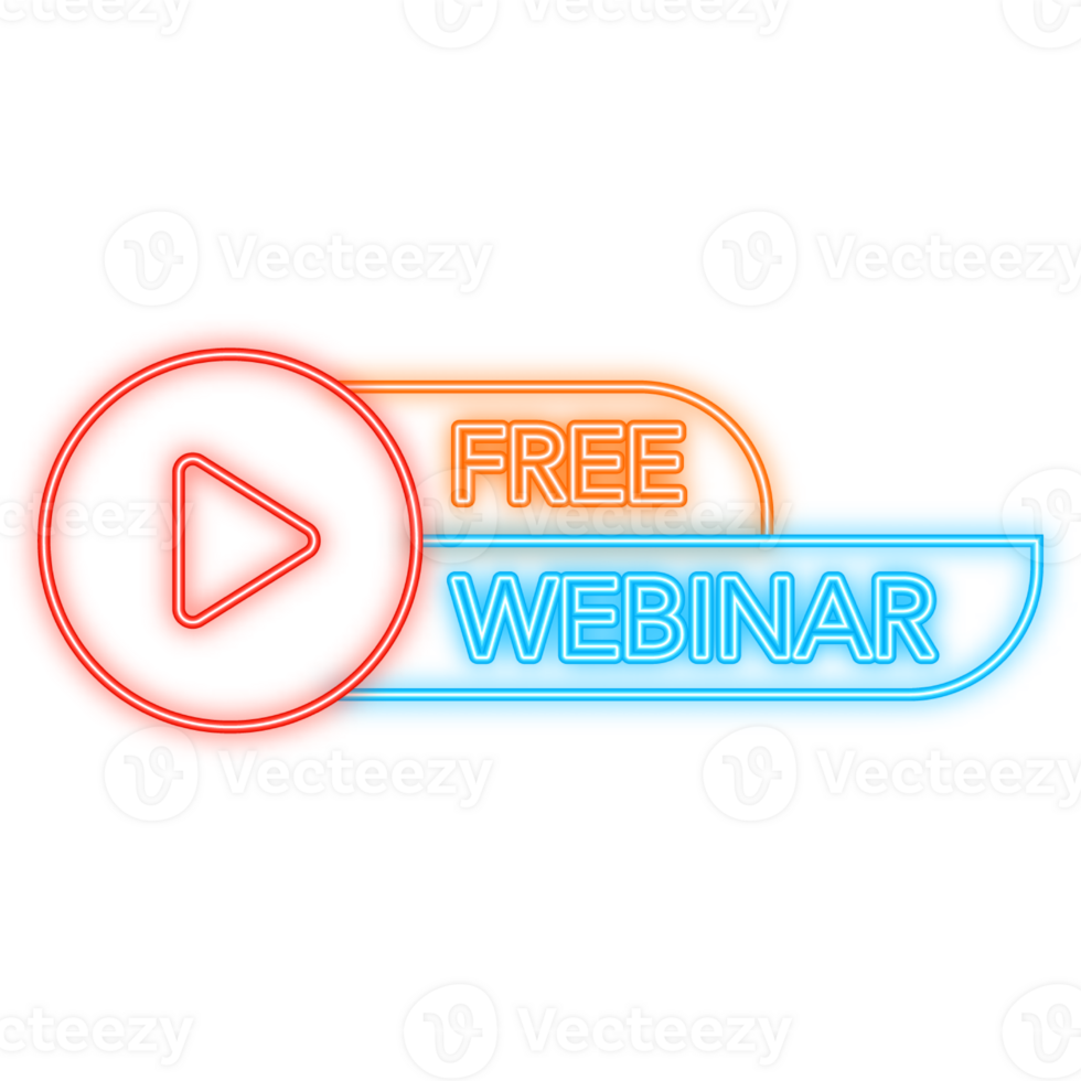 Neon Icon. Free webinar banner in flat style on white background. Play . Web media. illustration png