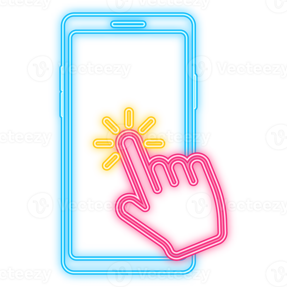 Neon Icon. Tap on smartphone. Communication icon symbol. Pointer icon symbol. Finger click. png