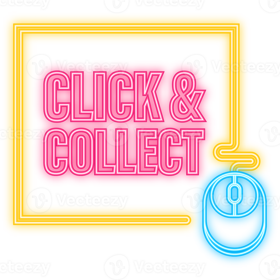 Neon Icon. Click collect for marketing design. illustration. Store label. Click button. Digital marketing illustration png