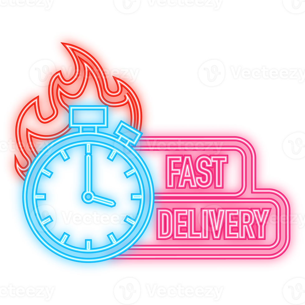 Neon Icon. Fast delivery service badge. Fast time delivery order with car on white background. illustration png