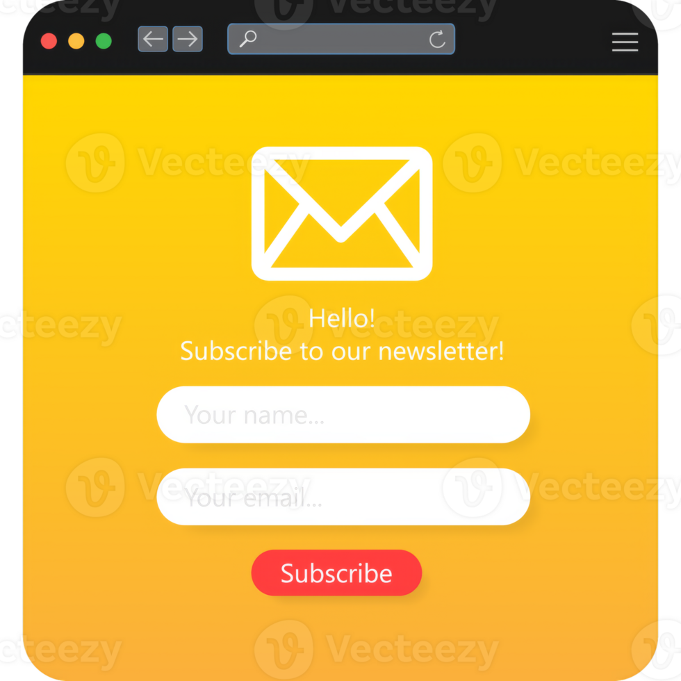Subscribe to our newsletter form. Sign up form with envelope, email sign. illustration png