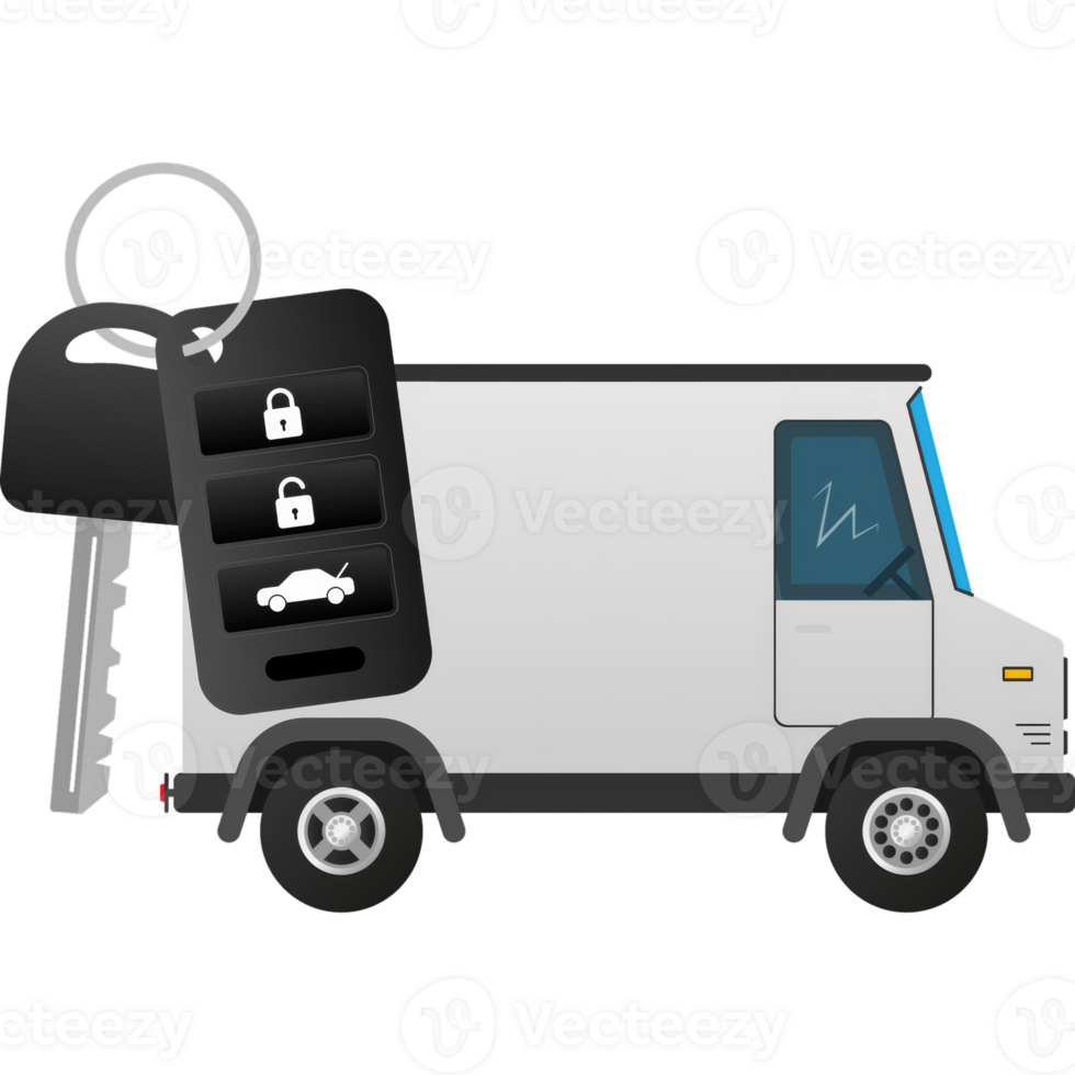 Flat truck with key icon on white background. Mockup template illustration png