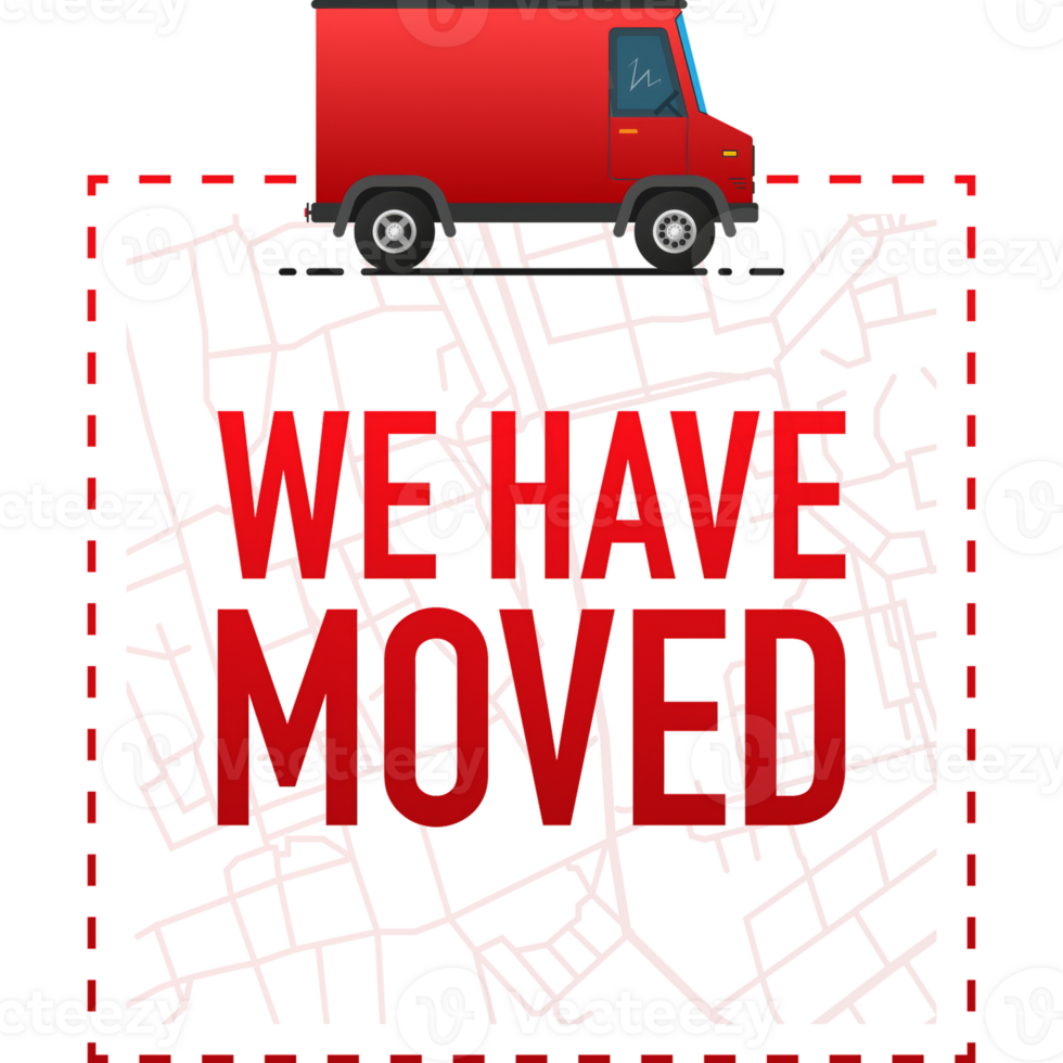 We have moved. Flat badge illustration on white background png