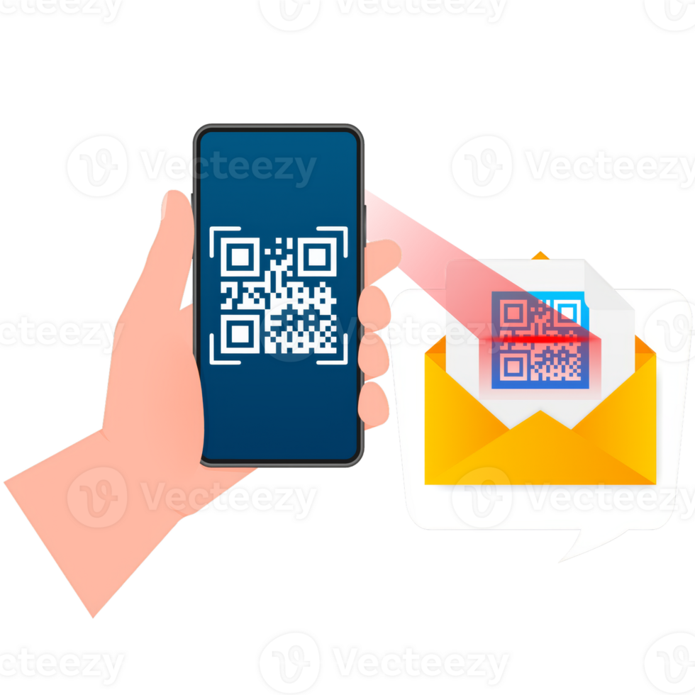 Hand holds phone with scan qr code to pay on screen. Phone on blue background. illustration png