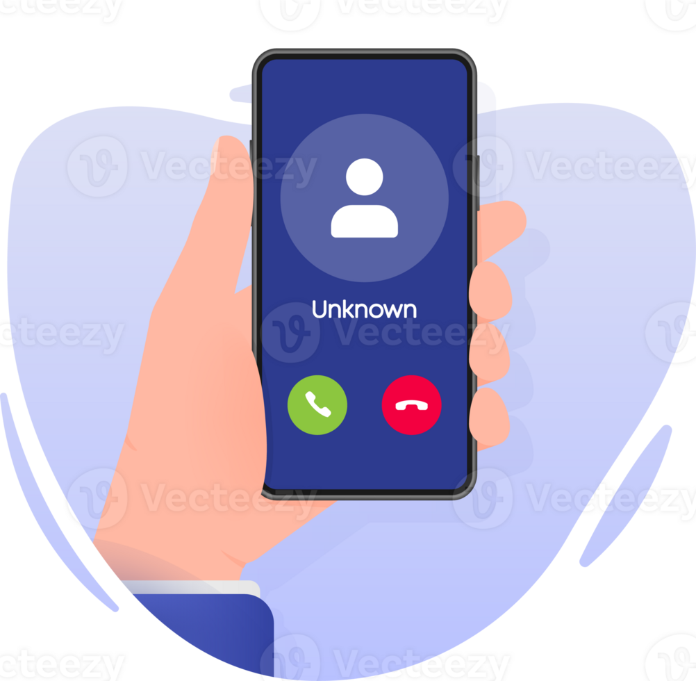 Hand holds phone with call Incoming call on screen png