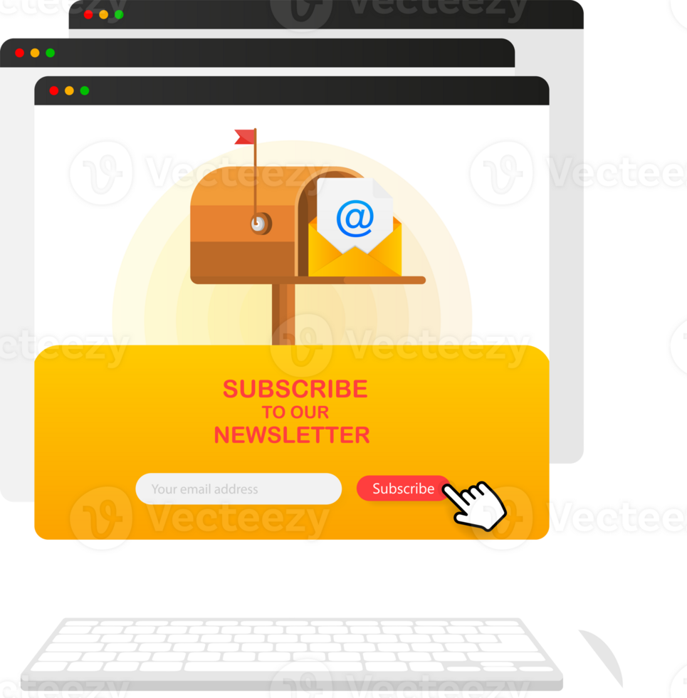 Mailbox with a letter inside in a flat style on screen device on a yellow background. Subscribe to our newsletter. illustration png