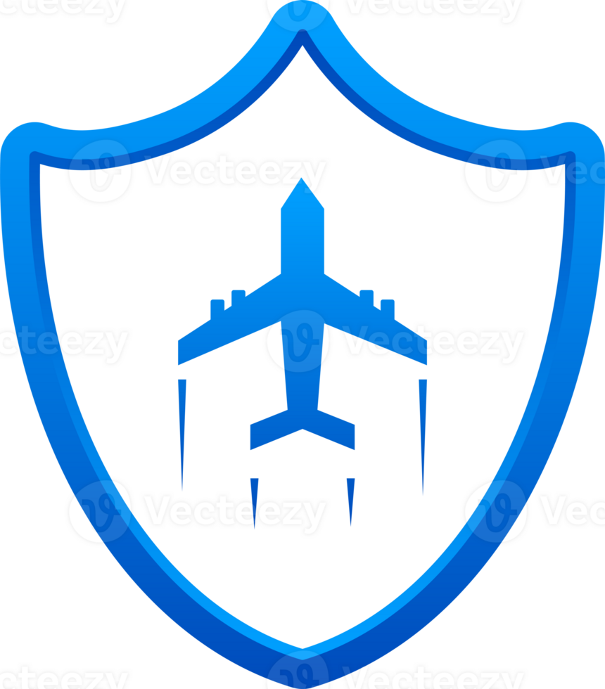 Travel insurance icon. Aircraft journey risk. Plane and shield. png