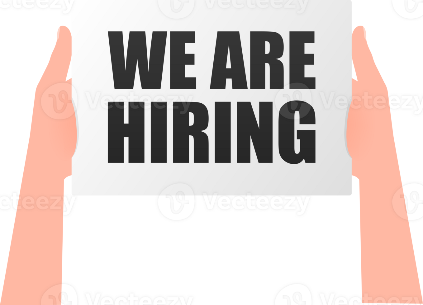 Hand holding signboard with text - we are hiring. Man showing billboard banner. illustration. png