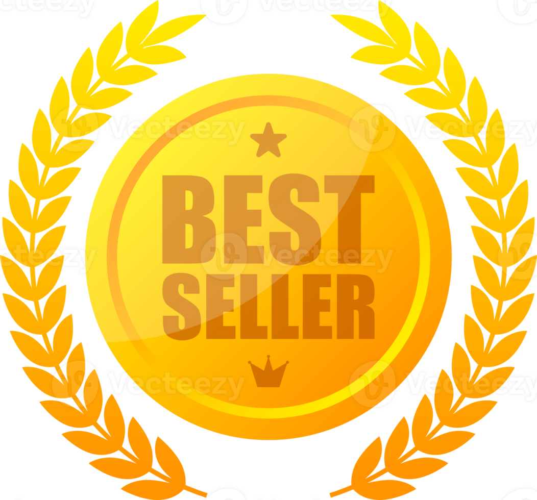 Golden best seller. Award medal. Special offer price sign. illustration. png