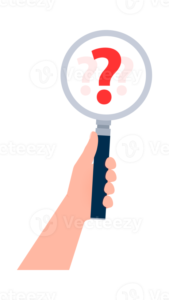 Searching solutions and asking for help. Question mark in a magnifying glass. png