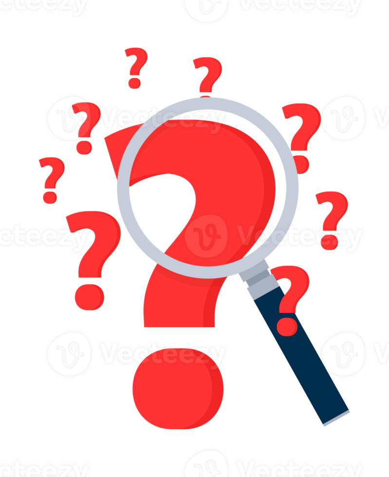 Searching solutions and asking for help. Question mark in a magnifying glass. png