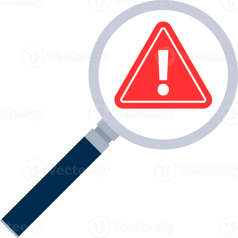 Alert sign in magnifying glass. Attention sign. Exclamation sign. png