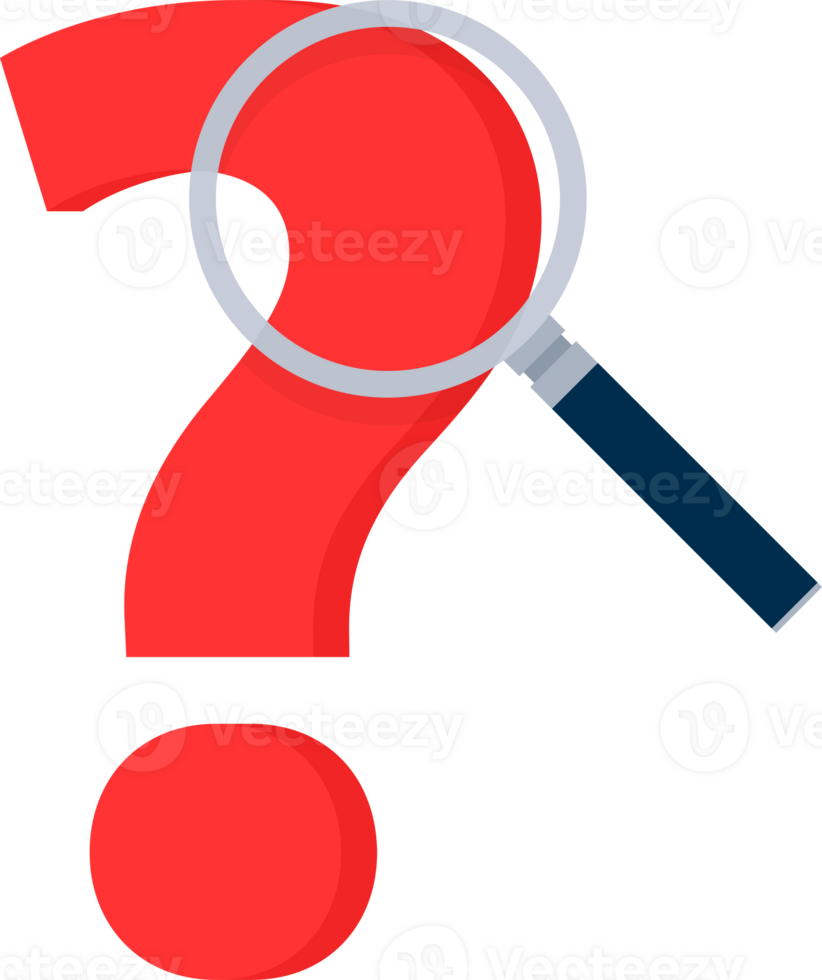 Searching solutions and asking for help. Question mark in a magnifying glass. png