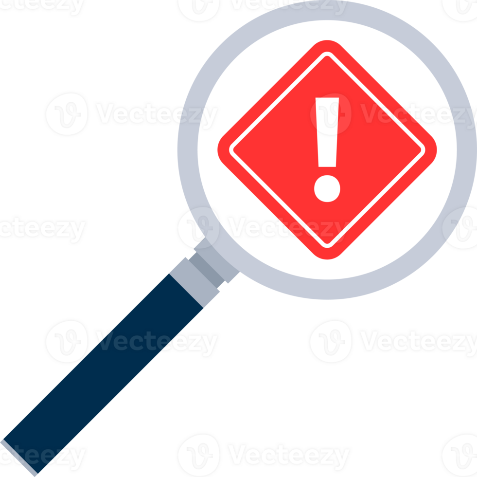 Alert sign in magnifying glass. Attention sign. Exclamation sign. png