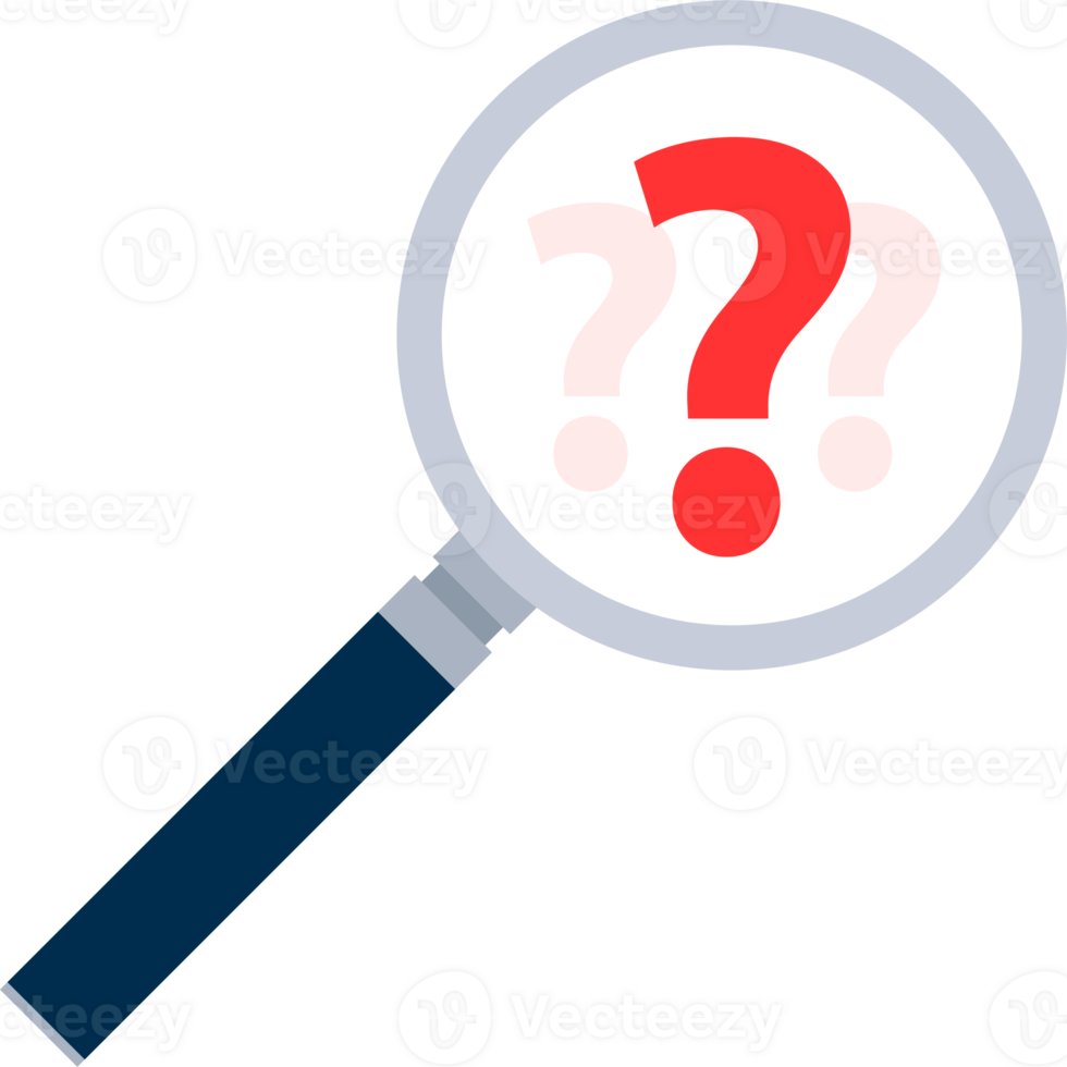 Searching solutions and asking for help. Question mark in a magnifying glass. png