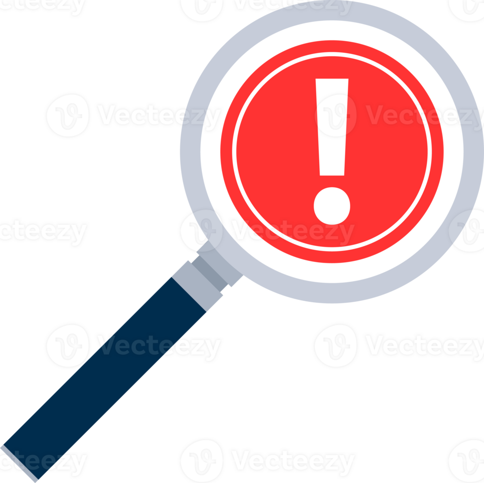 Alert sign in magnifying glass. Attention sign. Exclamation sign. png