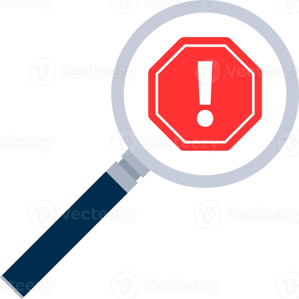 Alert sign in magnifying glass. Attention sign. Exclamation sign. png