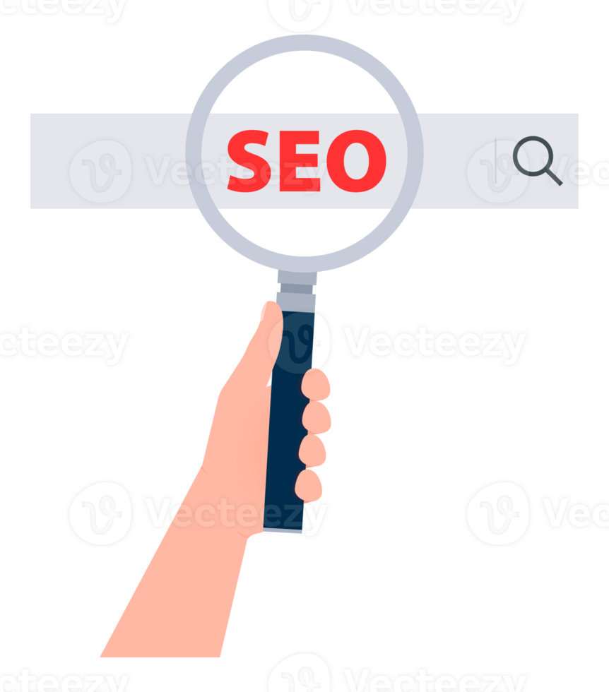Search engine ranking. SEO text on search bar. Magnifying glass. Web analytics and seo marketing. png
