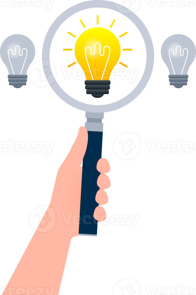 Search idea. Magnifying glass in hand. Ideas Analysis. Light bulb. png