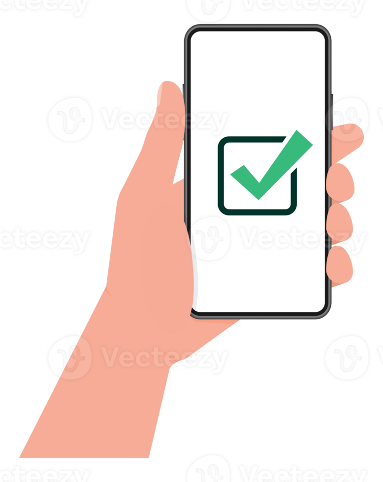 Hand holding a tablet. Using digital tablet pc. Empty screen. Approved choice. Accept or approve checkmark. png