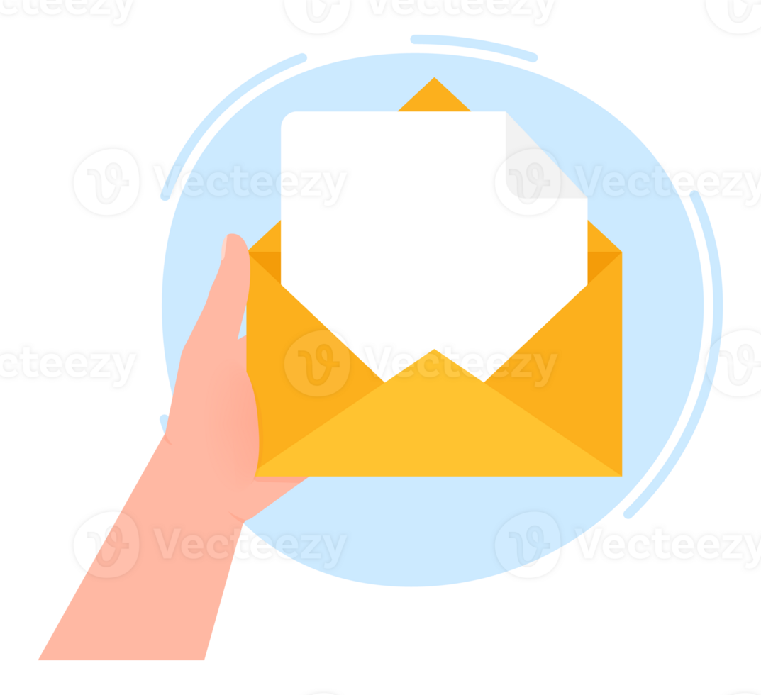 Hand holding a open blank letter. Opened envelope. Sending message. png
