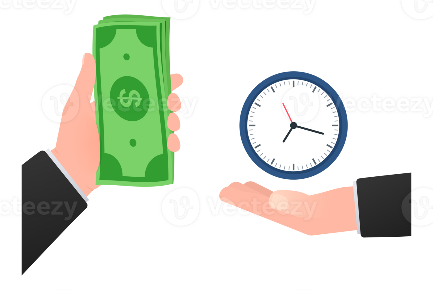 Time is money. Investments earnings and financial savings. Exchanging time with money. png