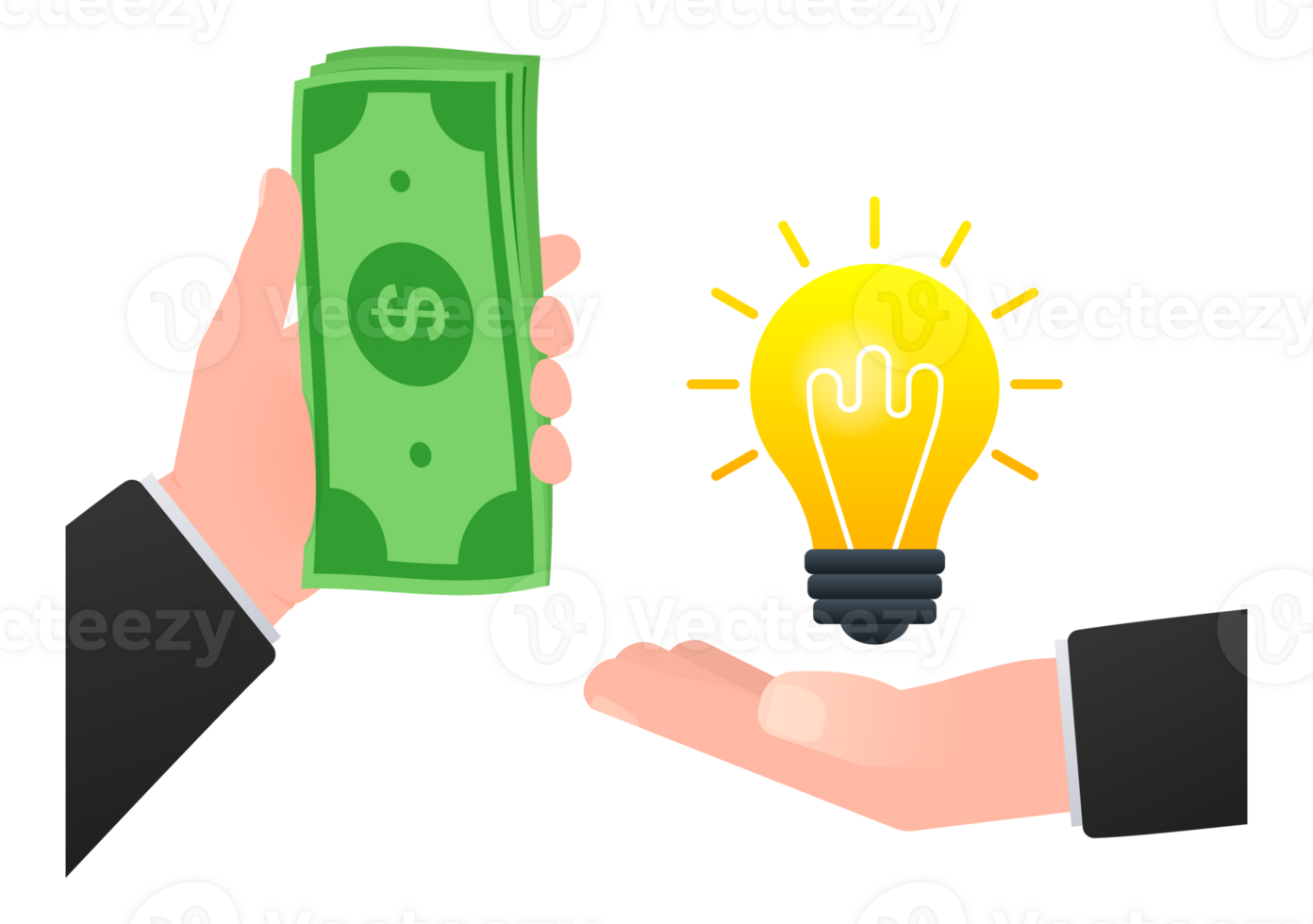 Idea for money. Hand holds money and light bulb. Crowdfunding concept. Exchanging ideas for money. png