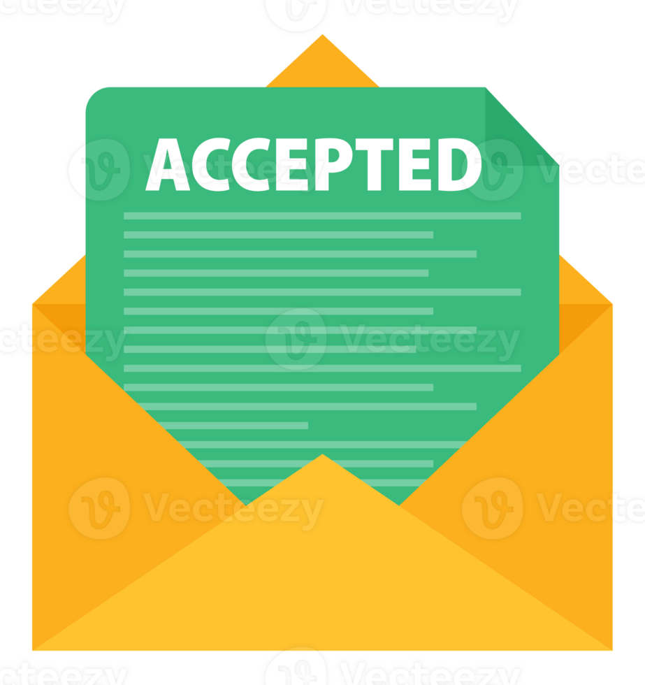 Letter with text accepted. Email with accepted header. Confirmation email message. png